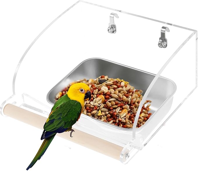 Bird Feeder for Cage,Transparent Parrot Feeder with Nonslip Wood Perch, Stainless Steel Birds Food Bowl Water Bowl, Bird Cage Seed Catcher for Small Medium Parakeet Cockatoos Lovebirds Budgies Conures