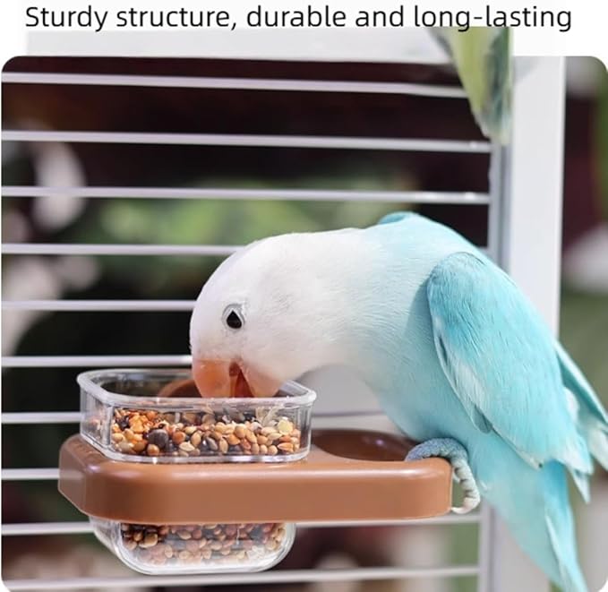 Bird Cage Feeder Portable Bird Plastic Feeding Dish Cup Detachable Bowl with Perch for Parakeet Budgies Cockatiel Lovebird Small Birds (Square,Coffee)
