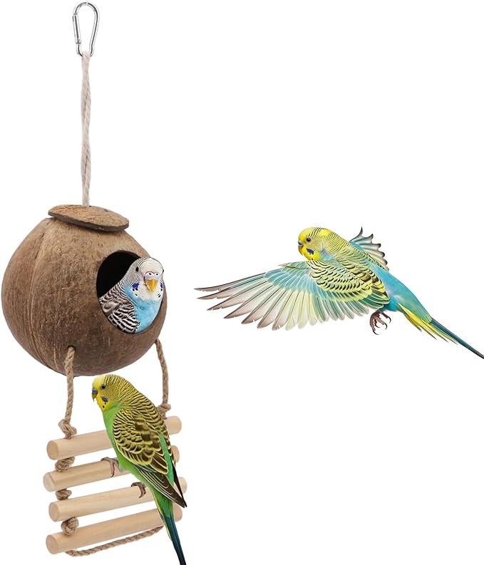 Hypeety Natural Coconut Hideaway Birds Toys Decorative Bird Nest Cage House with Bird Ladder Parakeet Budgie Cage Bird Nest
