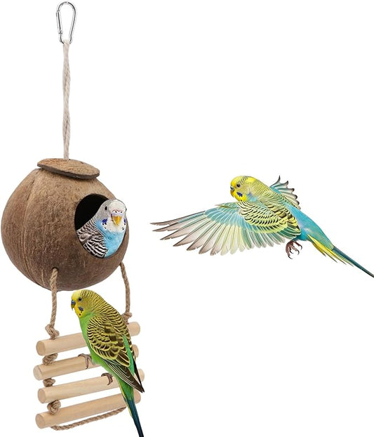 Hypeety Natural Coconut Hideaway Birds Toys Decorative Bird Nest Cage House with Bird Ladder Parakeet Budgie Cage Bird Nest