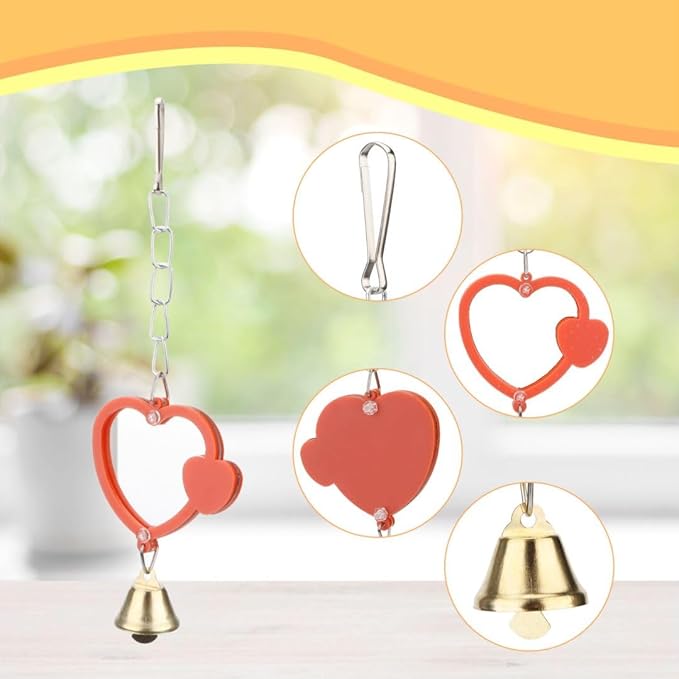 Hypeety Pet Bird Mirror with Bell Interactive Treat Puzzle Parrot Toy Bird Cage Mirror Small Bird Swing Chew Toys Fun Cage Accessories (Color Random) (Heart Shape)