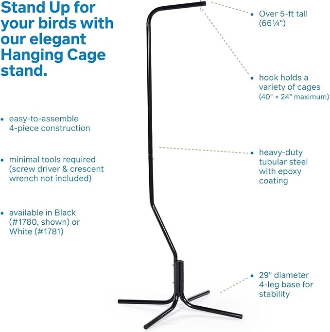 HomeStock African Adventure Tubular Hanging Bird Cage Stand with Durable Design, Stable Base, and Elegant Finish Black/Steel