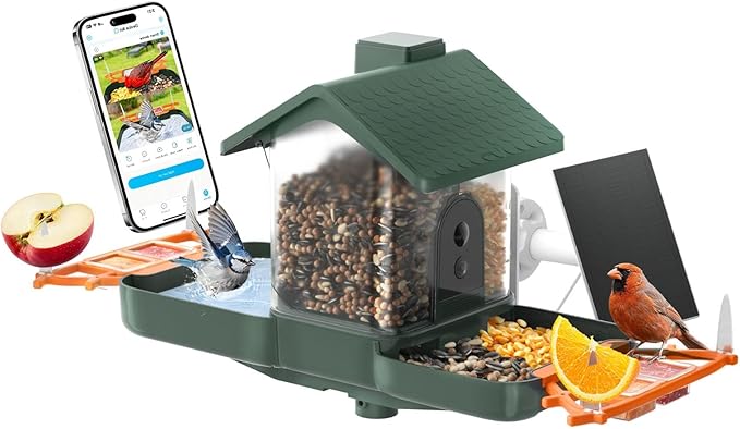 Bird Feeder with Camera and Bath, Dual-Lens 2K HD Video, AI Bird Identification, Solar Powered, Instant Alerts, IP66 Weatherproof