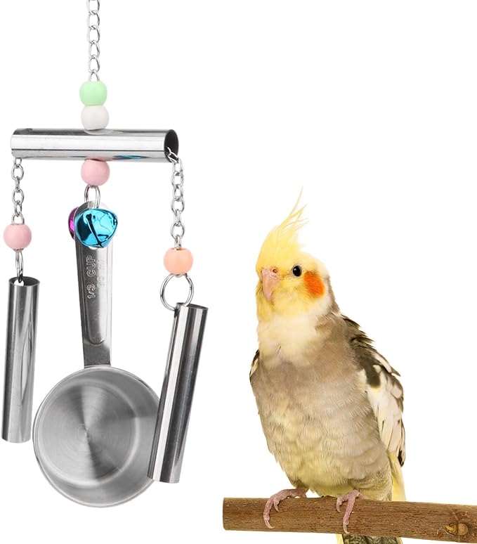 Hypeety Stainless Steel Bird Bell Toys Heavy Duty Hanging Spoons Rings Safe Metal Cage Hanging Bells Toy for Cockatoos Macaws African Grey Large Parrots and Birds (Bells+Spoon)