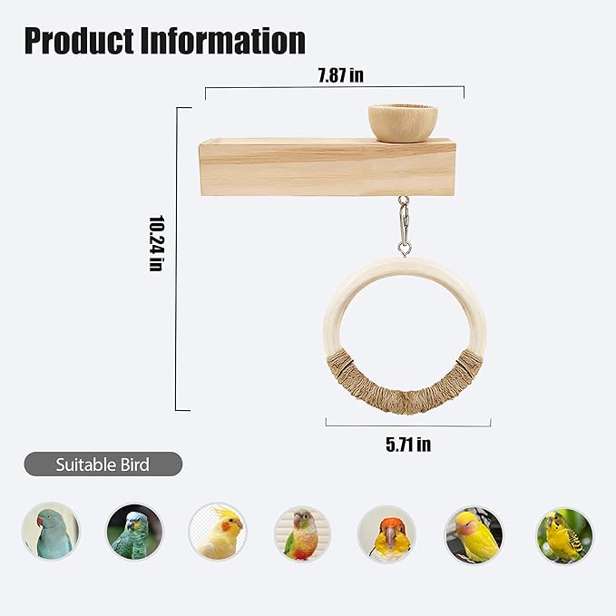 Natural Wood Bird Ladder Perch Toy - Chewable Safe Parrot Climbing Toy for Cockatiel, Finch & Other Small to Medium Birds, Bird Cage Accessories with Easy Screw Installation (Wooden Loop Perch)