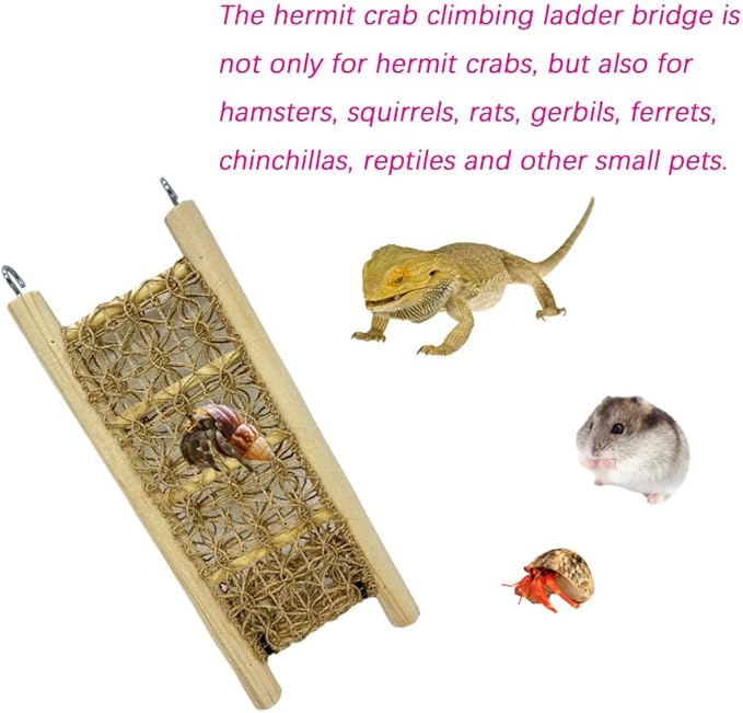 1 Pcs Hermit Crabs Climbing Wooden Ladder Bridge with Hooks, Small Animals Climbing Toy with Rope for Hermit Crabs Chameleon Lizards Reptile Bird Parrot