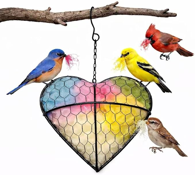 Handmade Alpaca Fiber Heart Bird Nesting Holder for Garden Birds — Cozy Outdoor Gift-Pastel