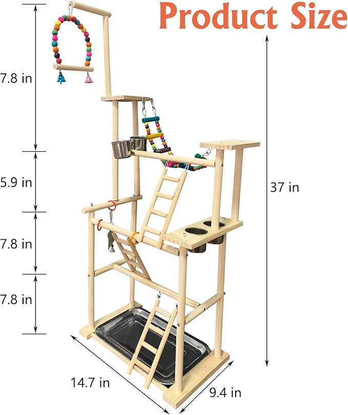 Hamiledyi Natural Wood Bird Playground Stand with 4 Large Layers - Exercise Perch for Parrots Cockatiels and Small Birds Indoor Bird Activity Center with Ladders and Swings