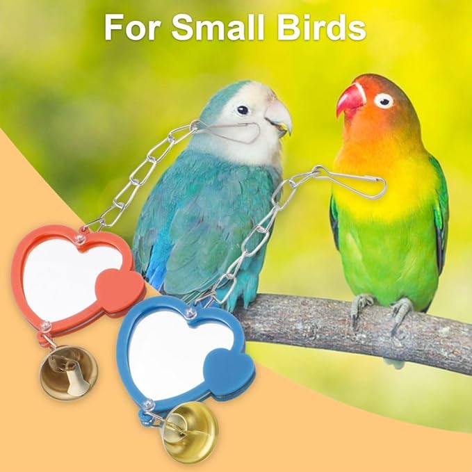 Hypeety Pet Bird Mirror with Bell Interactive Treat Puzzle Parrot Toy Bird Cage Mirror Small Bird Swing Chew Toys Fun Cage Accessories (Color Random) (Heart Shape)