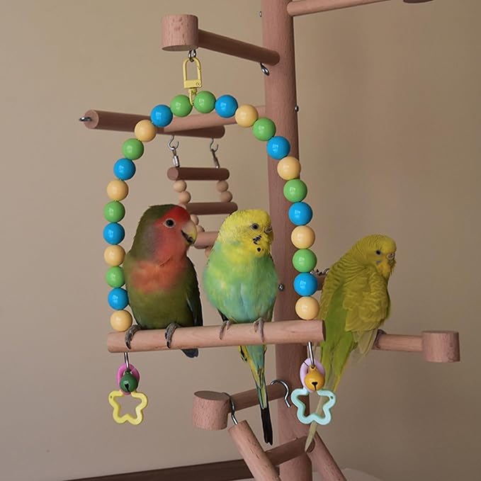 Wooden Bird Swing for Cage Large Parrot Hanging Toys with Colorful Beads Bell Cockatiel Perch Stand Parakeet Climbing Training Toy Playground Gym Birdcage Accessories for Macaws Quaker Conures