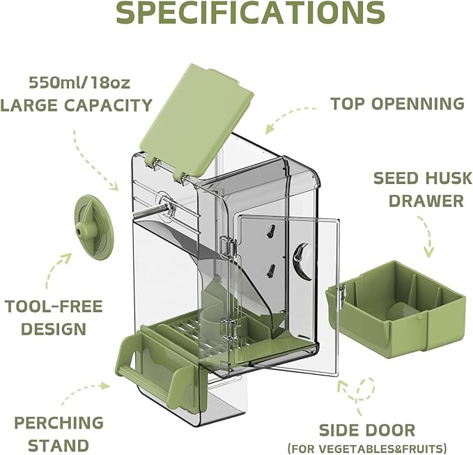 Automatic Bird Feeder, Bird Cage Feeder with Perch Multi-Functional Holder for Fruits Vegetables for Parakeet Canary Cockatiel Finch (Green)