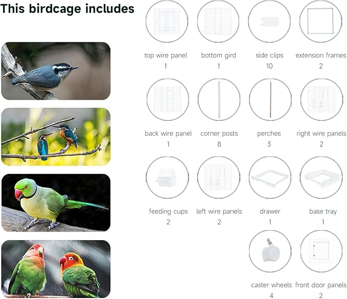 40 Inch Medium Small Bird Double Cage for Parrot Lovebirds Finches Canaries Parakeets Cockatiels Budgie Parrotlet Conures, w/Detachable Standing Perches, Snow White