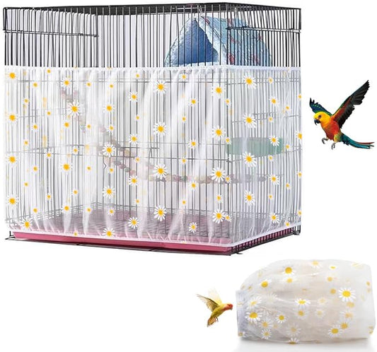 Large Bird Cage Cover, Bird Cage Seed Catcher, Adjustable Soft Airy Nylon Mesh Net, Birdcage Cover Skirt Seed Guard for Parrot Parakeet Macaw African (Daisy-White, 15.7" x118")