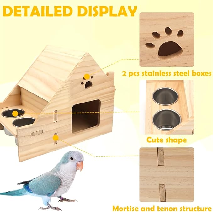DQITJ Bird Wooden Nest with 2 Pcs Stainless Steel Food Bowl Cage Breeding House for Small Bird Conure Lovebird Finch Parrot Parakeet Cockatiel Budgie