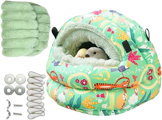 Winter Warm Nest for Parrot Warm House Bird Nest Winter Hanging Hammock Birds Sleeping Bed Parrot Hideway Bed Washable for Quaker Parakeet Cockatiels Budgies Lovebird (Green,Small)