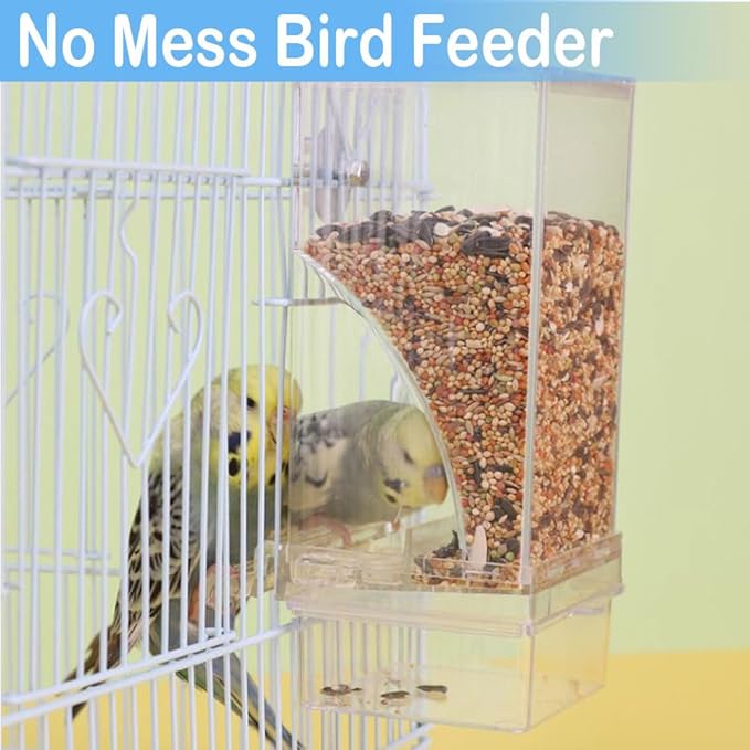 Bird Parrot Feeders, No Mess Automatic Cage Feeder Dispenser Food Container, Auto Bird Seed Bowl for Small Medium Birds, Cockatiel Canary Cockatoos Parakeet Conure Lovebird, Acrylic Clear (Feeder)