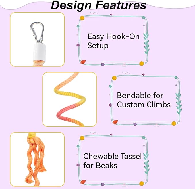 31.5" Bendable Bird Perch Cotton Rope Sunset Bird Toy Twistable Ladder Swing Chewable Gym for Parakeets Cockatiels Conures Lovebirds