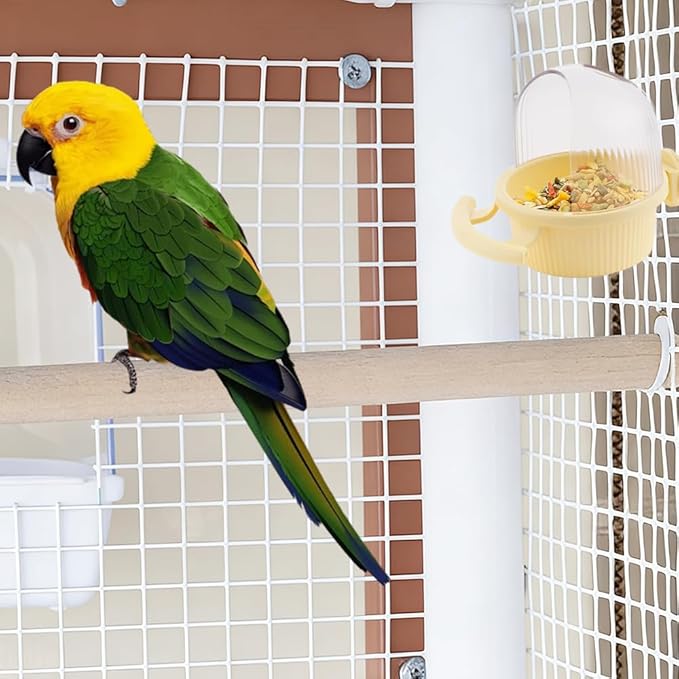 1 Pack Bird Cage Feeder No Mess Dispenser Cup with Perch for Parakeet Budgies Cockatiel Lovebird Small Birds (Yellow)