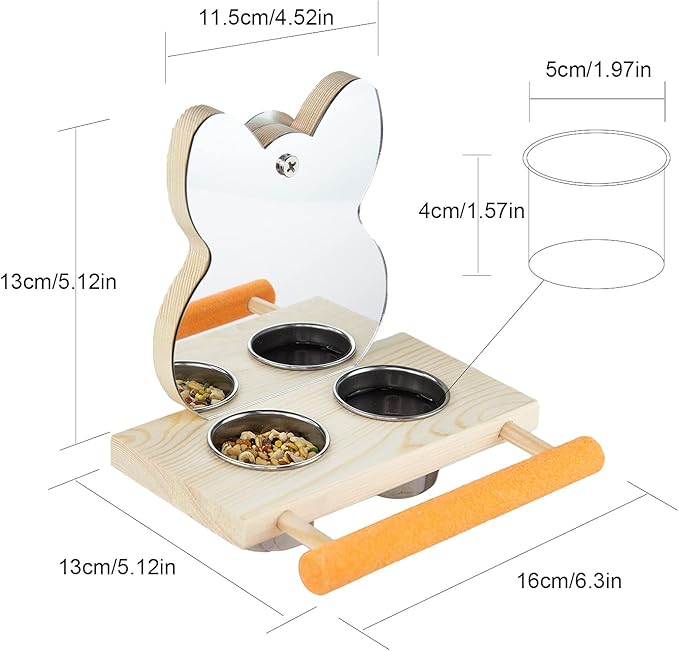 Parrot Mirror Toy with Stainless Steel Feeding Cups Bird Wooden Frames with Cage Perch for Small Parakeets, Cockatiels, Conures, Finches,Budgie,Macaws, Parrots, Love Birds