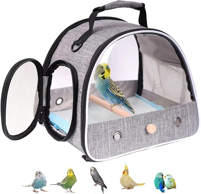 Small Bird Travel Carrier, Portable Bird Travel Cage for Parakeet, Parrot, Budgie, Guinea Pig, Bearded Dragon Reptile Carrier for Hiking Vet Visit Bicycle Ride (Grey)