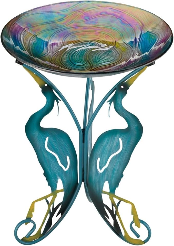 Regal Art & Gift 25" Bird Bath with Decorative Stand - Durable Glass Bowl with Heavy-Duty Metal Stand, Easy to Fill, Ideal for Patio, Porch & Garden Décor - Heron
