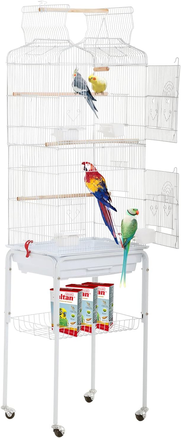Bird Cage Parakeet Cage 64 inch Open Top Standing Parrot Cage Accessories with Rolling Stand for Medium Small Cockatiel Canary Parakeet Conure Finches Budgie Lovebirds Pet Storage Shelf (White)