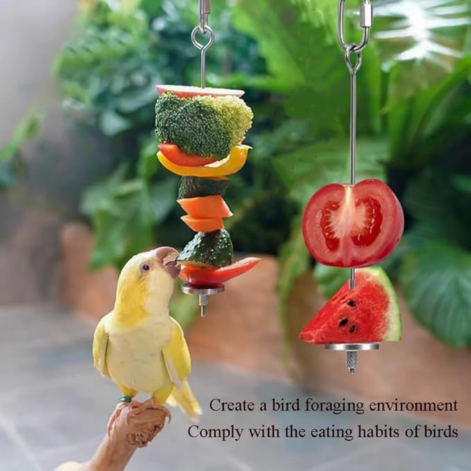 2pcs Hanging Bird Treat Skewer Parrot Fruit Feeder, 13 Inch Stainless Steel Bird Food Holder Parrot Fruit Food Skewer with Washer Nut Parakeet Treat Holder Feeder for Parrot Budgie Conure, LXLVOUEG