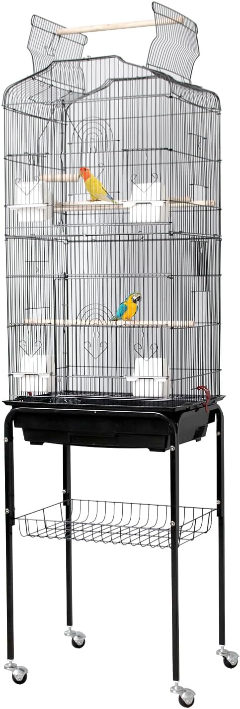 Garvee Open Top Large Parrot Bird Cage, Hanging Bird Cage with Detachable Rolling Stand and Storage Shelf, Playtop Parrot Cages Heavy-Duty Pet Birds House for Cockatiel Black