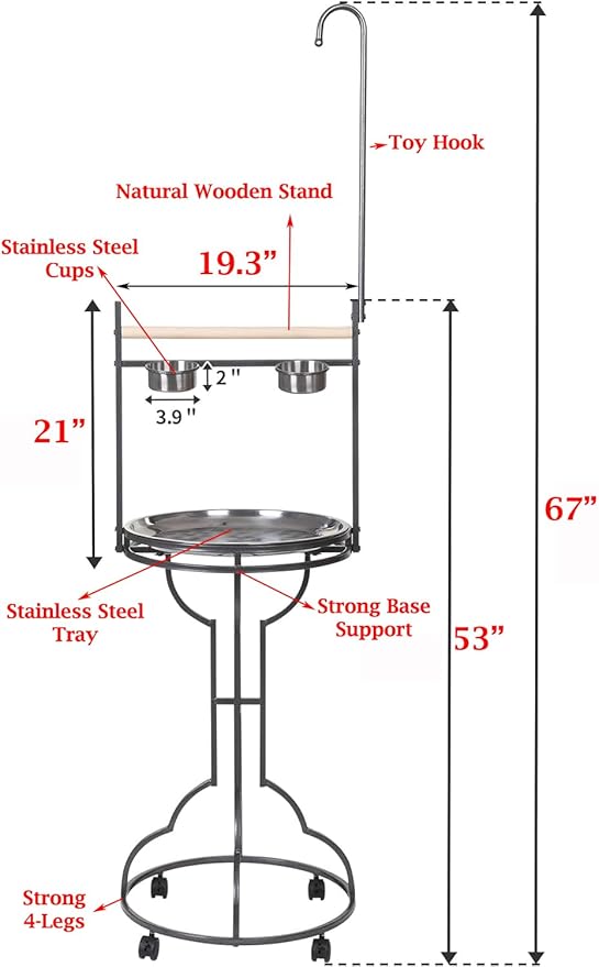 Elegant Design Wrought Iron Parrot Cockatiel Cockatoo Bird Play Perch Gym Ground Rolling Stand with Removable No Rust Stainless Steel Pan and Feeder Cups