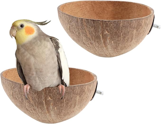 VTurboWay 2 Pack Bird Nest Natural Coconut Shell Parrot Nest Finch House Canary Bed Hatching Nest Breeding Nesting for Cage Sleeping Bird Bed