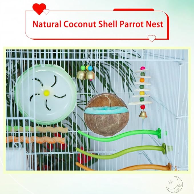 VTurboWay 2 Pack Natural Coconut Shell Parrot Nest Finch House Canary Bed Hanging Toy Breeding Nesting Anti-Pecking Bite with Warm Pad for Cages Sleeping Bird Bed