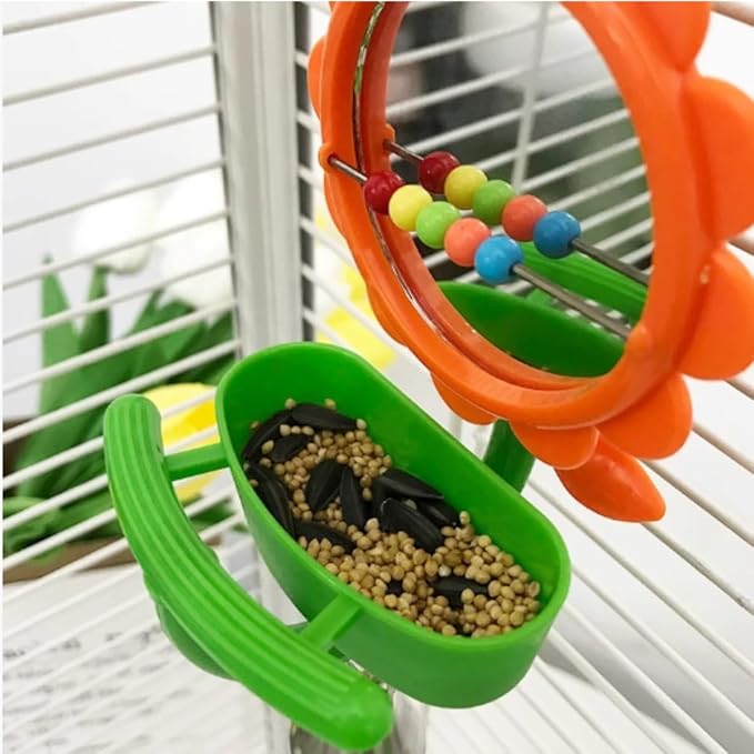 2PCS Multi-Function Bird Bath & Feeder Set, Cute Leaf Shape Bathing Tub with Wheel Toy, Bird Feeder with Flower Shape Mirror & Ringing Bell for Canary Finch Budgie Lovebird Conure