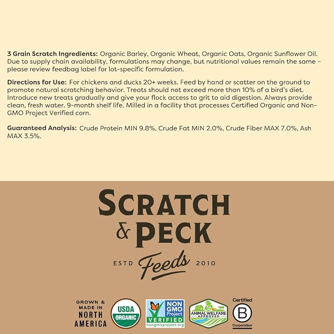 Scratch and Peck 3 Grain Scratch Chicken and Duck Supplemental Grain - 10 lbs Bag - Corn-Free and Soy-Free - 9.8% Protein, Certified Organic and Non-GMO Project Verified Chicken Food