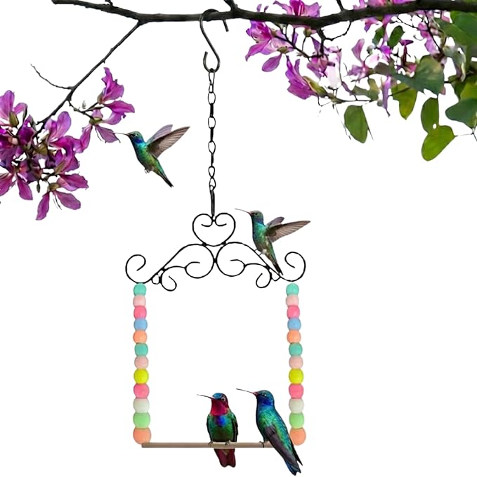 Hummingbird Swing & Perch for Outdoor – Rust-Resistant Metal Bird Perch with Colorful Beads, Easy Hanging Garden Accent Near Feeder, Bird Bath & Hummingbird House (1 PCS)