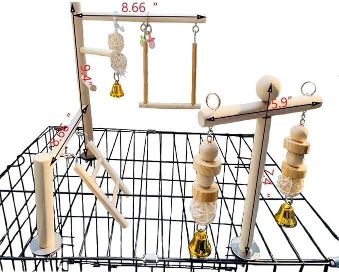 Hamiledyi Natural Wood Bird Play Gym for Small Birds, Parakeet Cockatiel Playstand with Perch, Ladder & Swing Toys for Cage Top(Style B)