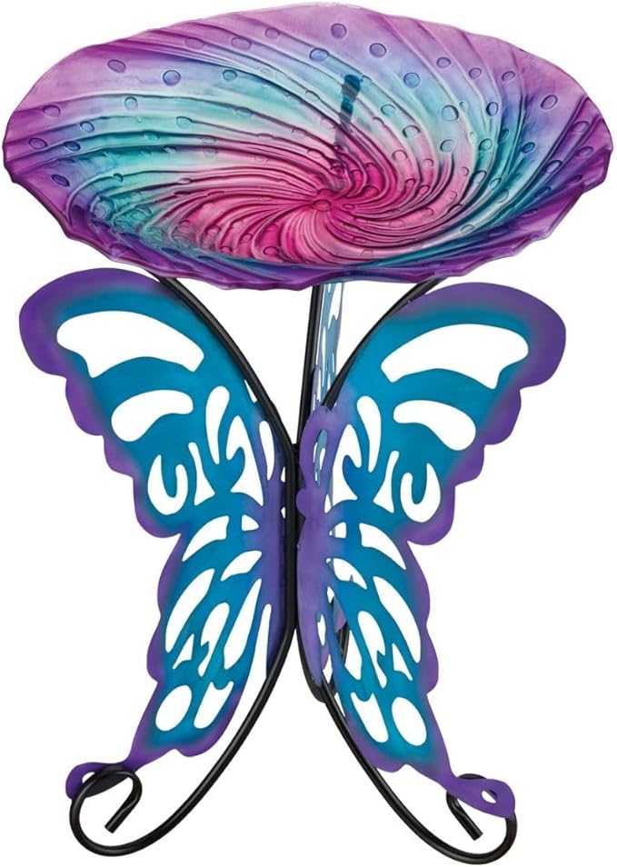 Regal Art & Gift 25" Bird Bath with Decorative Stand - Durable Glass Bowl with Heavy-Duty Metal Stand, Easy to Fill, Ideal for Patio, Porch & Garden Décor - Butterfly