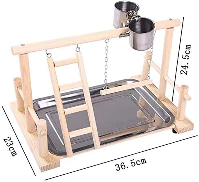 Perch Bird Play Stand Wood Playground with Feeder Cups, Hanging Swing, Ladders Small Animals Gym Tabletop Toys Exercise Play_AB