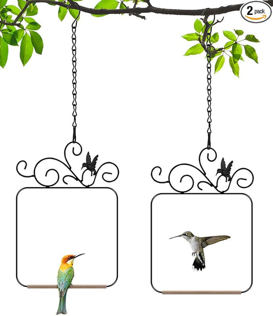 PACETAP Hummingbird Swings and Perches Metal Frame 2 Pack, Wild Bird Swing Outdoor Bird Perch with Wooden Dowel and 2 Hanging Chain for Indoor, Outdoor, Trunk, Lawn, Patio, Garden (2 Hummingbirds)