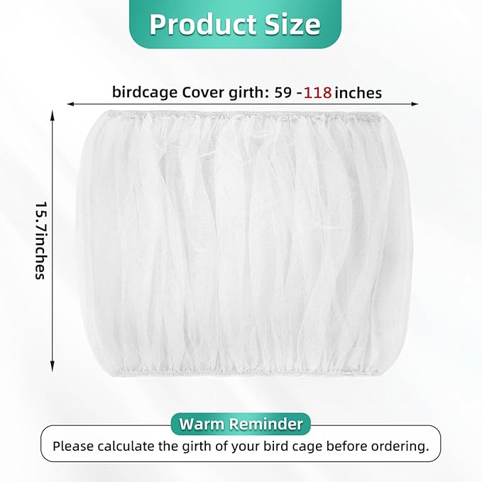 Large Bird Cage Cover, Bird Cage Seed Catcher, Adjustable Soft Airy Nylon Mesh Net, Birdcage Cover Skirt Seed Guard for Parrot Parakeet Macaw African (Solid-White, 15.7" x118")