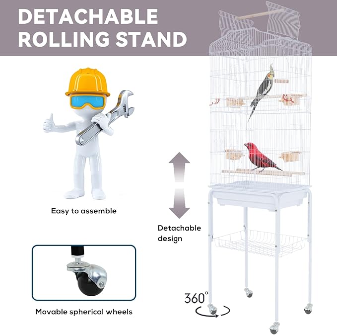 Birdcages, 64 in Play Open Top Indoor/Outdoor Iron Large Bird Cage, Floor-Standing with Casters Detachable Rolling Stand Parrot Cage for Parrots Conures Lovebird Cockatiel Parakeets (White)