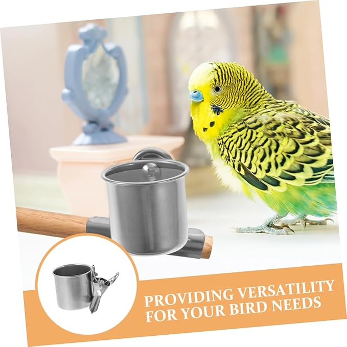 LIOOBO Parrot Feeder Cups with Clamp 4-Pack Stainless Steel Food and Water Bowls for Small Birds Including Parakeets Cockatiels and Lovebirds Cage Feeding