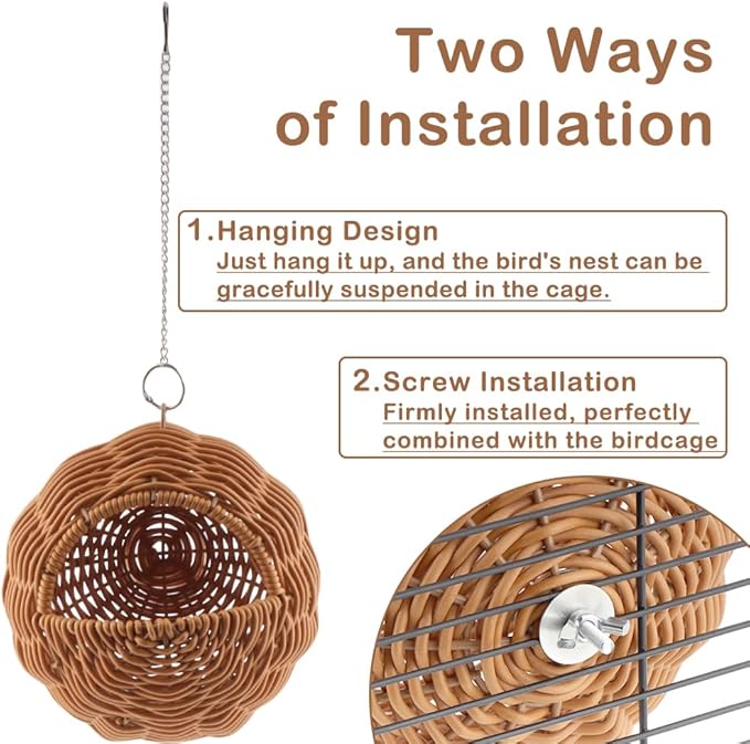 VTurboWay Rattan Bird Nest with Swing Chew Resistant Hammock Style Nest House Parrot Egg Laying and Breeding Nest for Parrots Cockatiels Budgerigars Finches Canaries