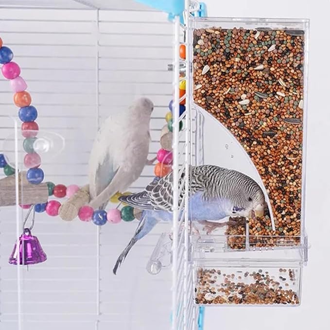 No Mess Bird Feeder for Cage,Automatic Parrot Feeder Cage Accessories,Transparent Parakeet Seed Container Food Feeder Drinker for Cage,No-Spill Transparent Bird Feeder (White*2)