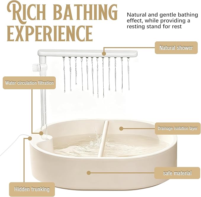 Bird Bath, Parrot Bathtub, Automatic Parrot Shower Bath with Pump, Birds Shower Bathtub with Running Water, Large-Capacity Water Tank,Suitable for Many Kinds of Birds (White)