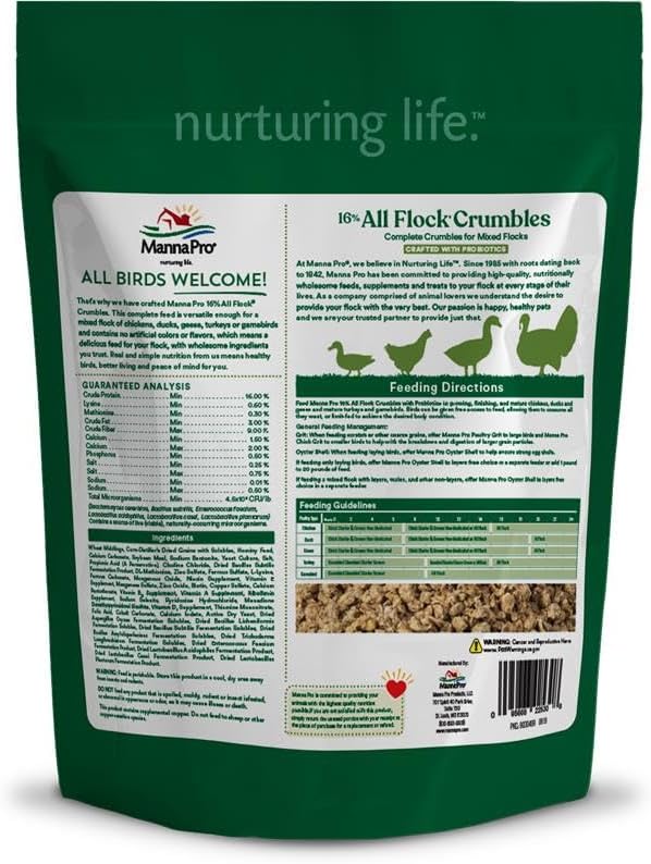 Manna Pro All Flock Crumbles, Crafted with Probiotics for Gut Health & Digestion, 16% Protein for Mixed Flocks with No Artificial Colors or Flavors, Crumbled for Easy Feeding, 8 lbs
