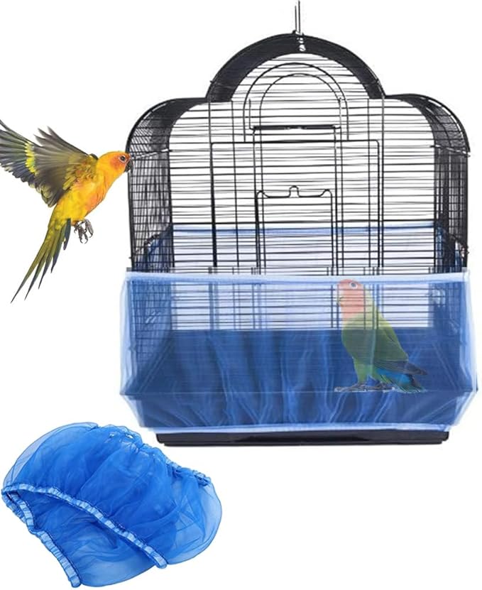 SKYPRO Universal Mesh Bird Cage Cover Shell Skirt Net Easy Cleaning Seeded Catcher Guard Bird Cage Stretchy Mesh Parrot Bird Cage Net(Large,Blue)
