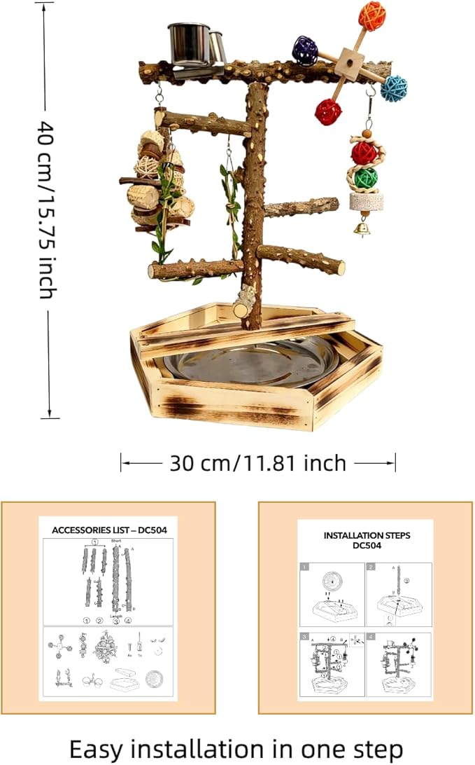 Natural Pepper Wood Bird Play Stand with Stainless Steel Bowls, Handmade Parrot Perch Gym with Chewing Toys & Bell, Tabletop Training Stand for Small to Medium Birds