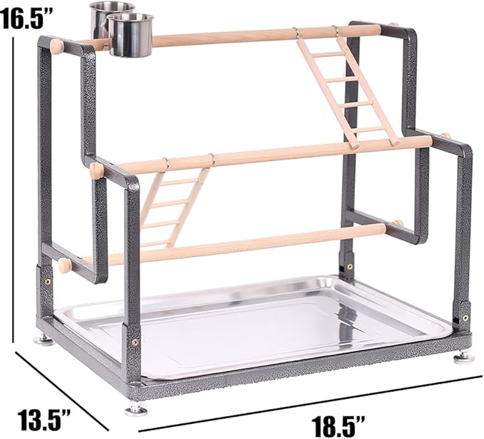 Bird Playground, Playstand for Small to Large Birds with Collapsible Metal Frame, Heavy Duty Quick-Install No Tool Request, 4 Standing Perch, 2 ladders and 2 Bird Cups