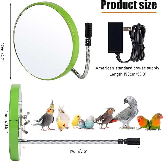 Bird Heater for Cage Thermostatical Bird Warmer Heater Pad with Mirror for Parakeets Parrot,4.7" Round,12V