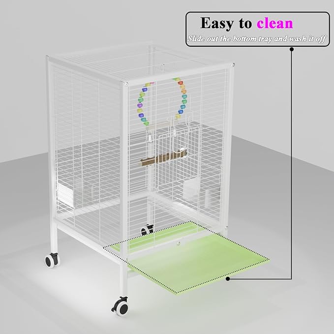 24-Inch Iron Bird Cage with Wheels, 61cm Height, Rolling Stand for Small Birds, Parakeets, Lovebirds, Canaries (White)